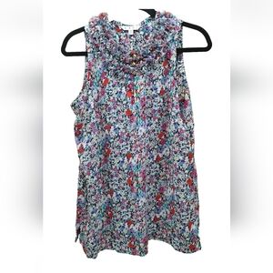 Cabi Floral Split Hem Ruffle Neck Women's Sleeveless, Front Keyhole Sz Medium